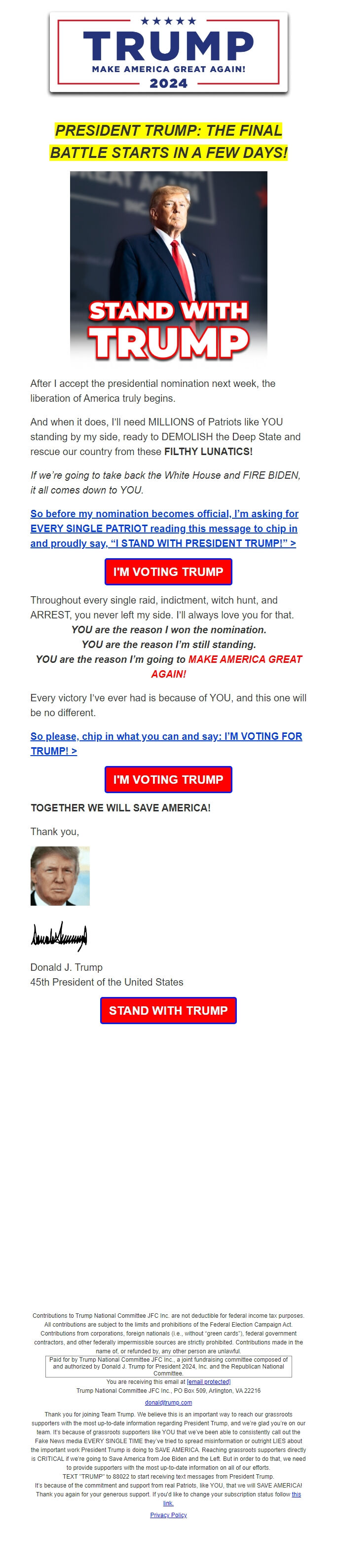 Screenshot of the email generated on import