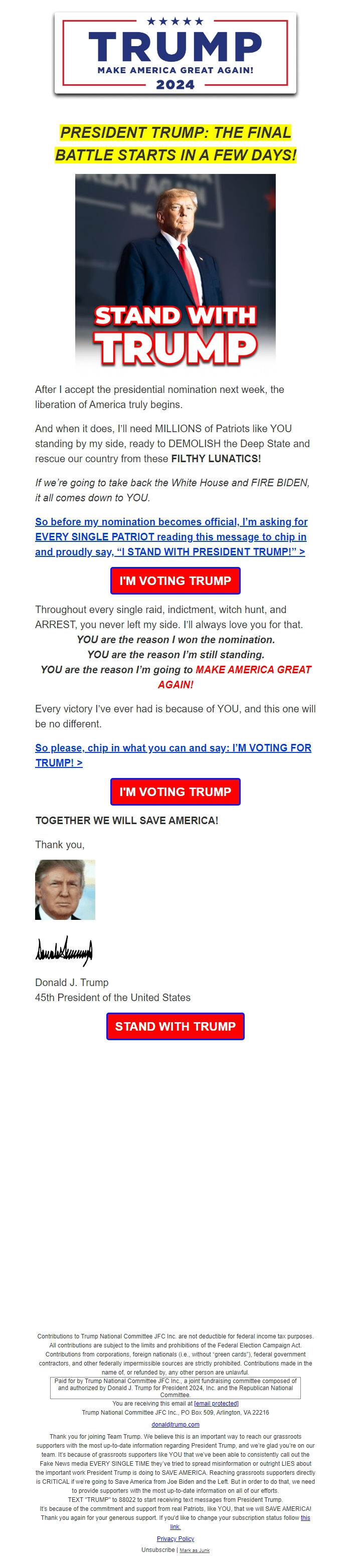 Screenshot of the email generated on import