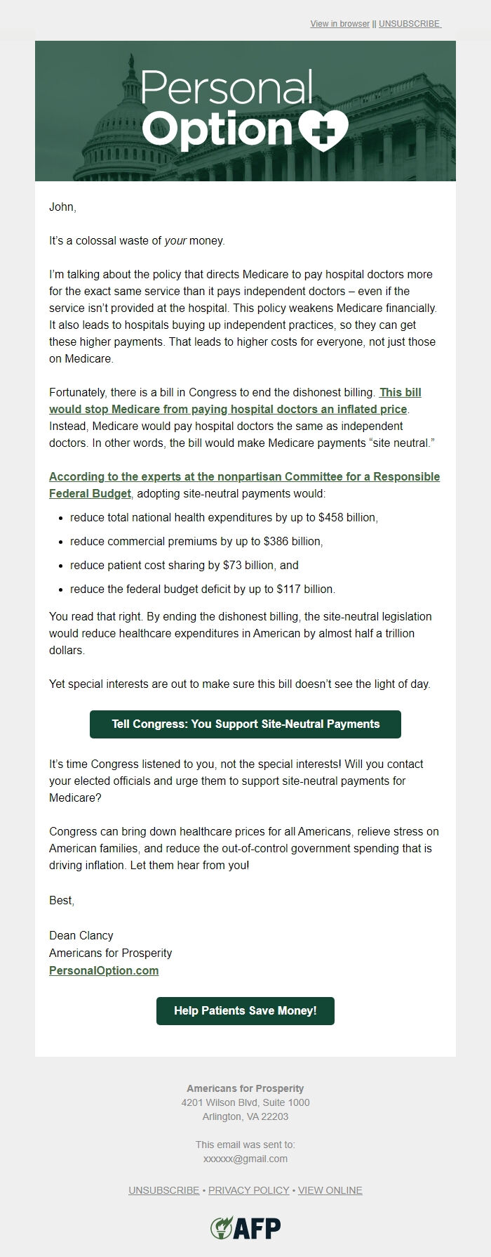 Screenshot of the email generated on import