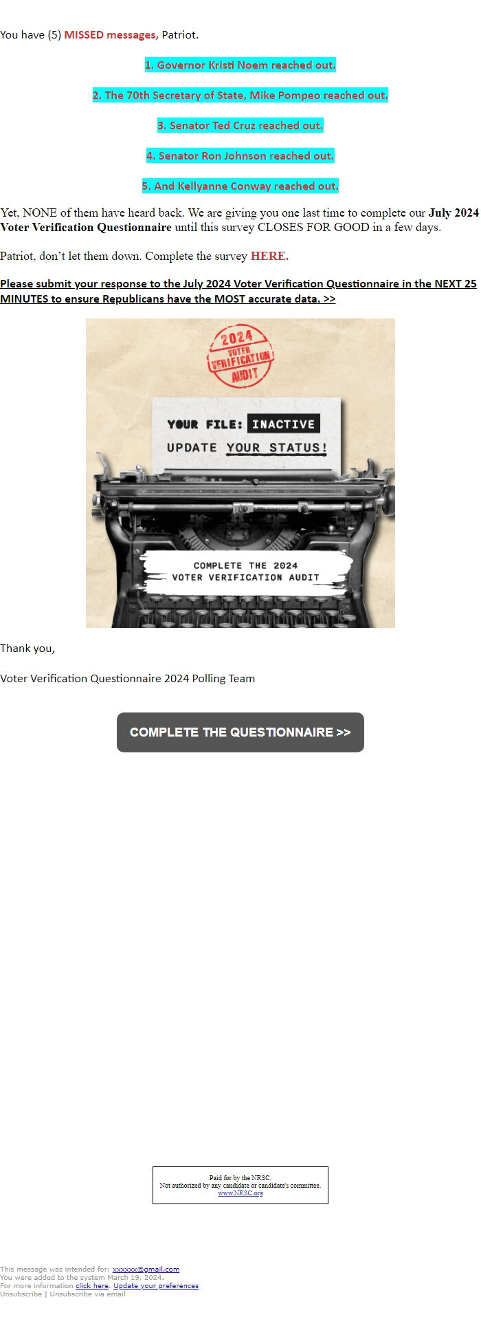 Screenshot of the email generated on import