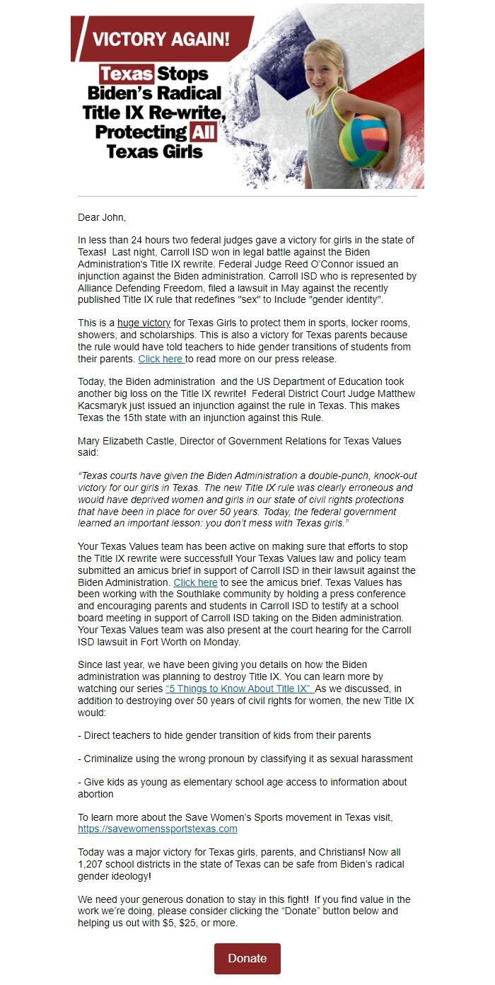 Screenshot of the email generated on import