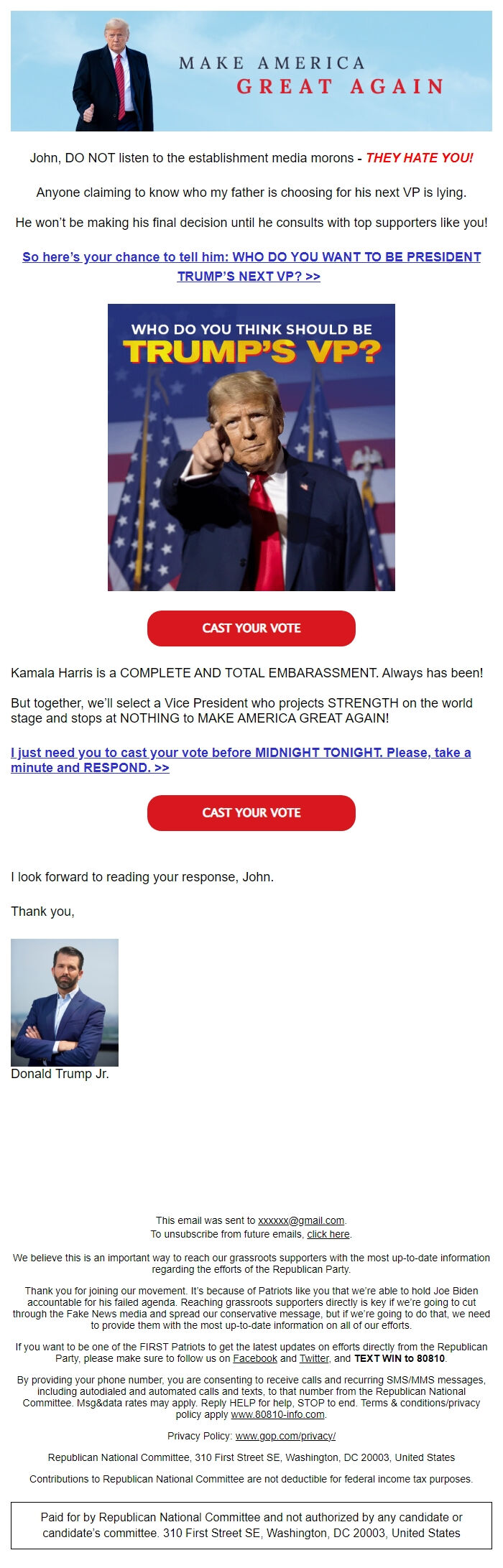 Screenshot of the email generated on import