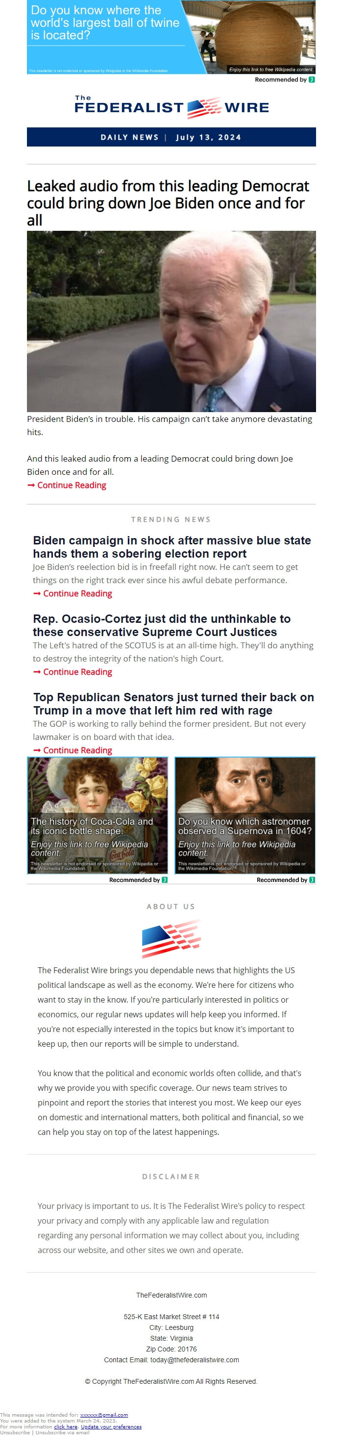 Screenshot of the email generated on import