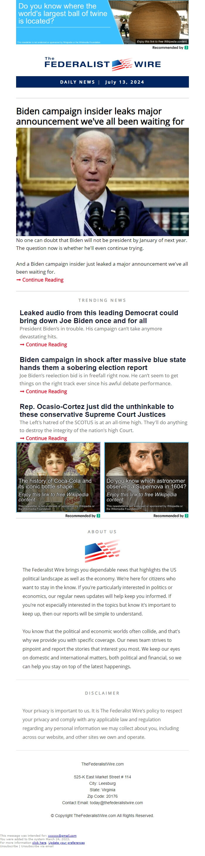 Screenshot of the email generated on import