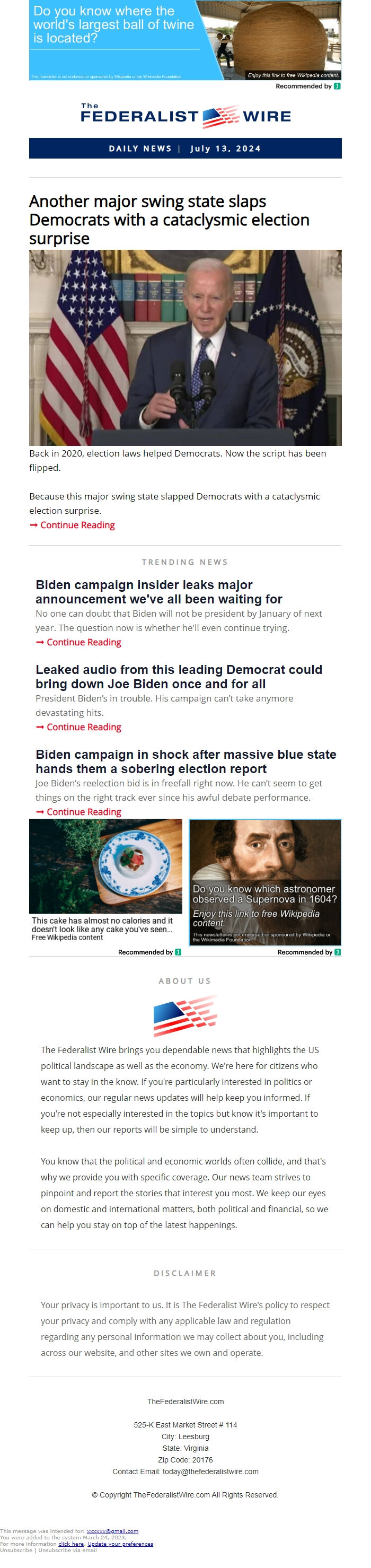 Screenshot of the email generated on import