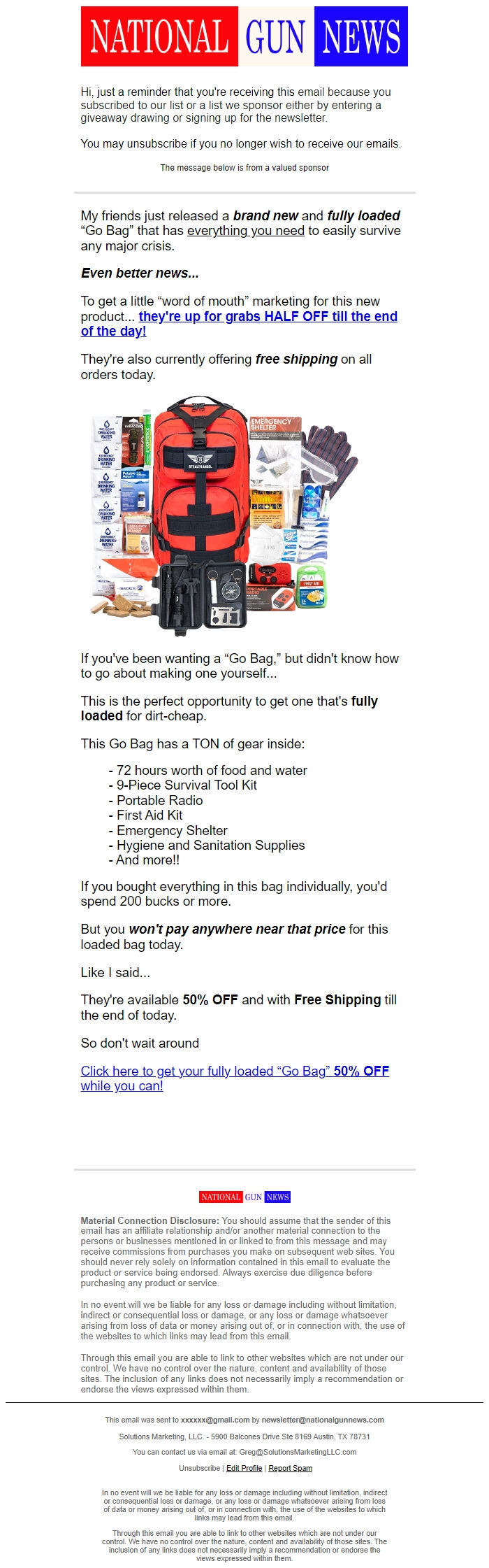 Screenshot of the email generated on import