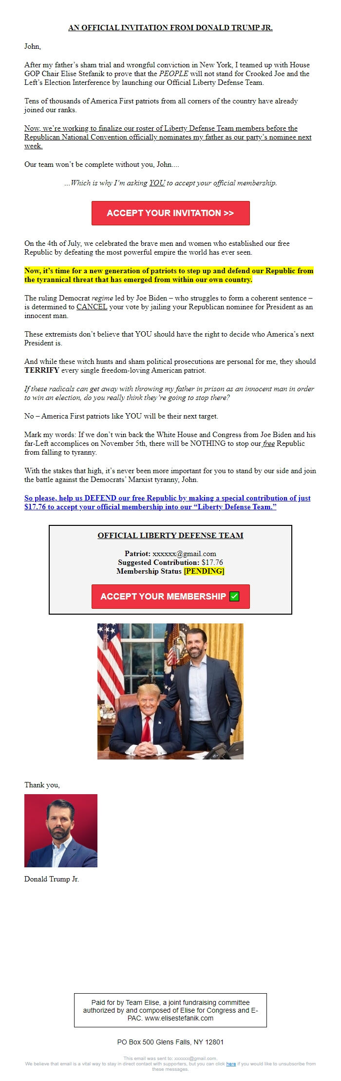 Screenshot of the email generated on import