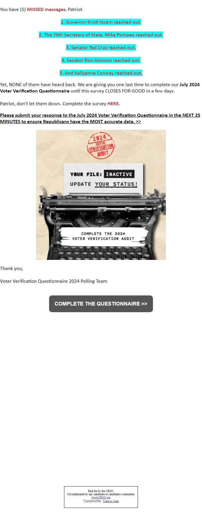 Screenshot of the email generated on import