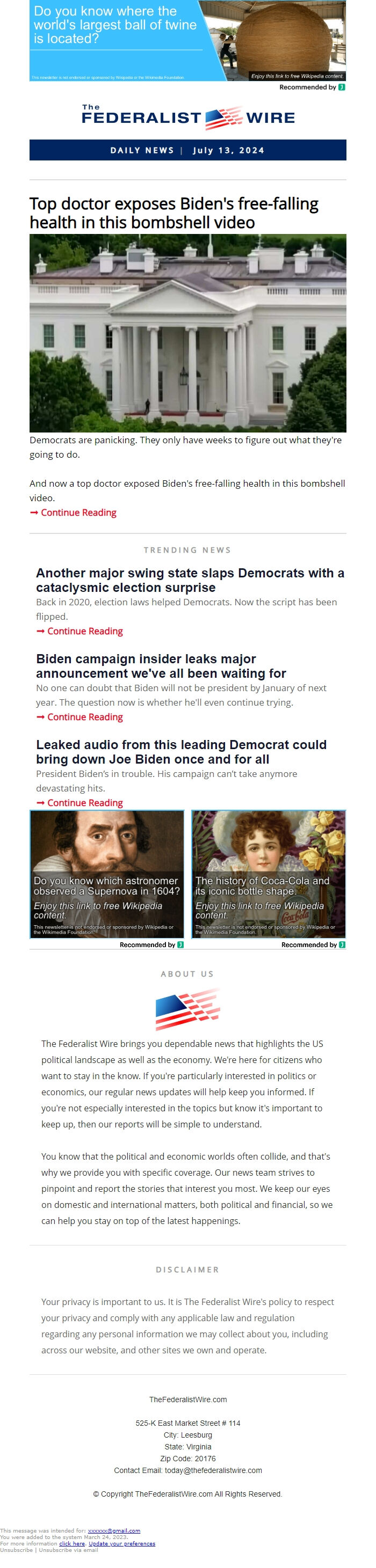 Screenshot of the email generated on import