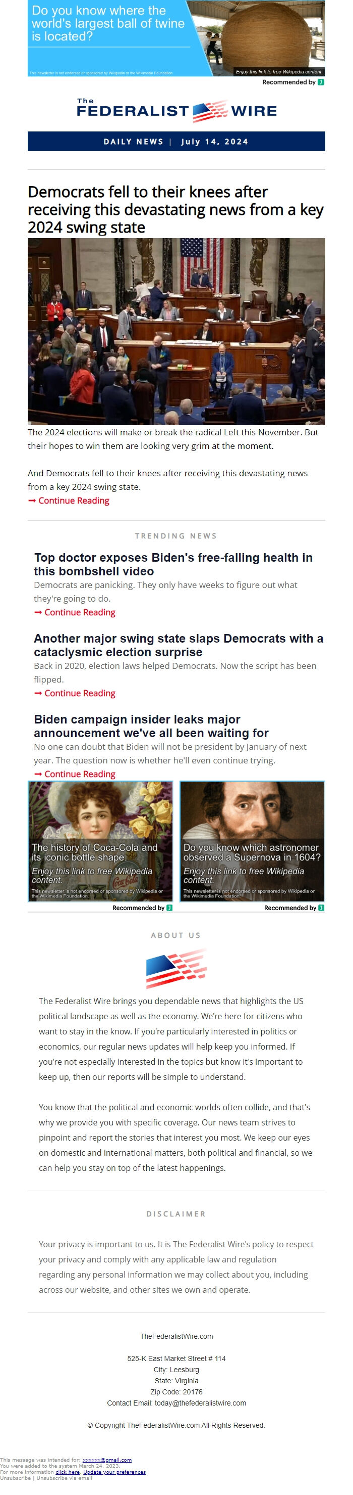 Screenshot of the email generated on import