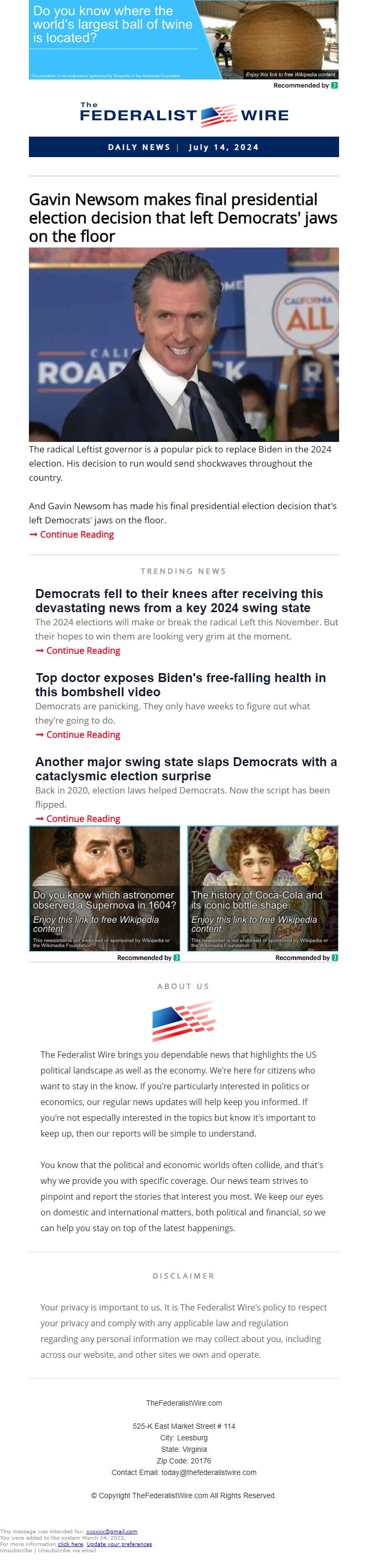 Screenshot of the email generated on import