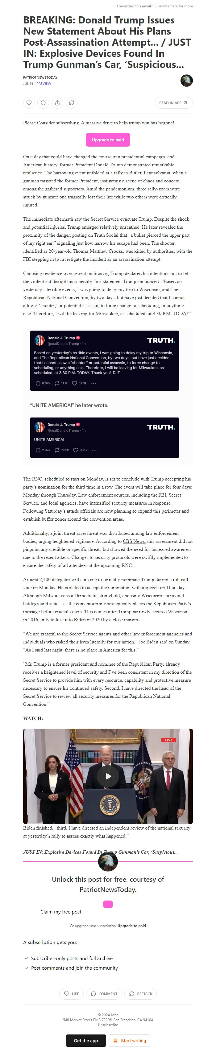 Screenshot of the email generated on import