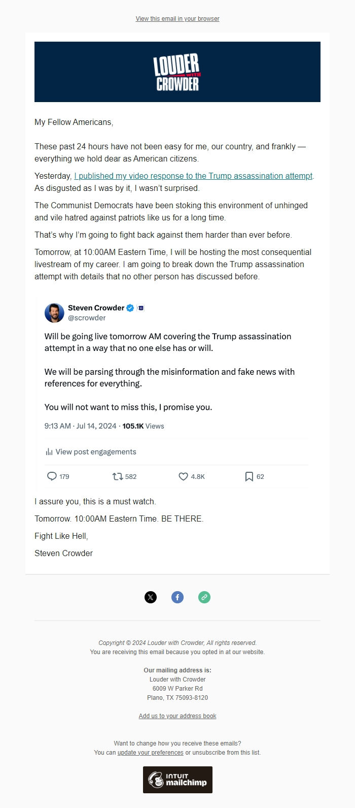 Screenshot of the email generated on import