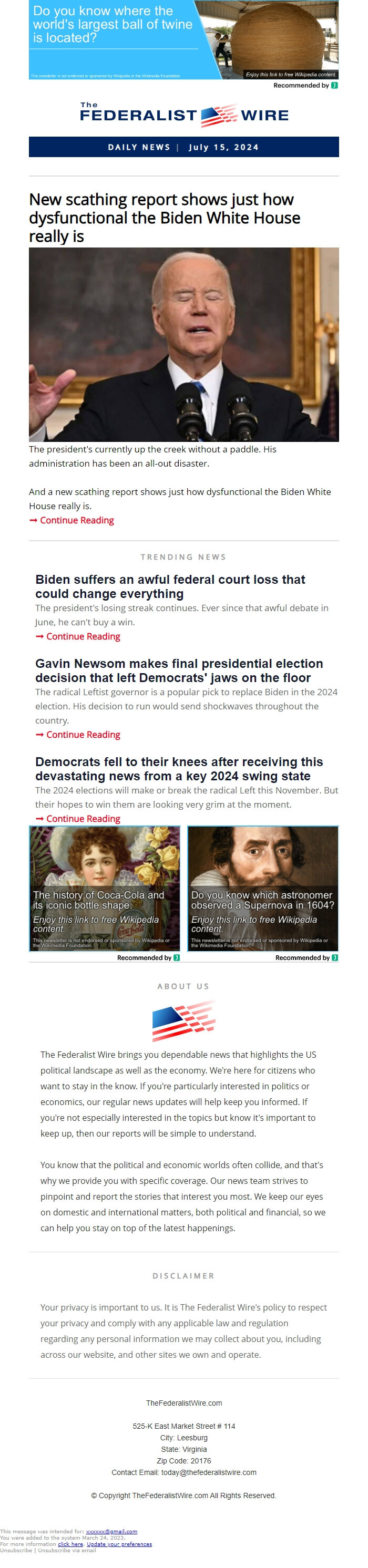 Screenshot of the email generated on import