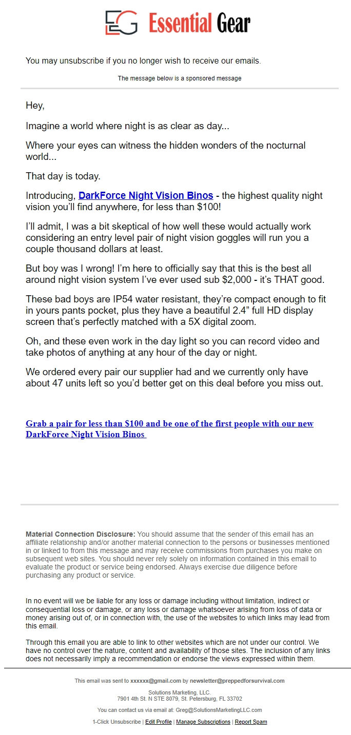 Screenshot of the email generated on import