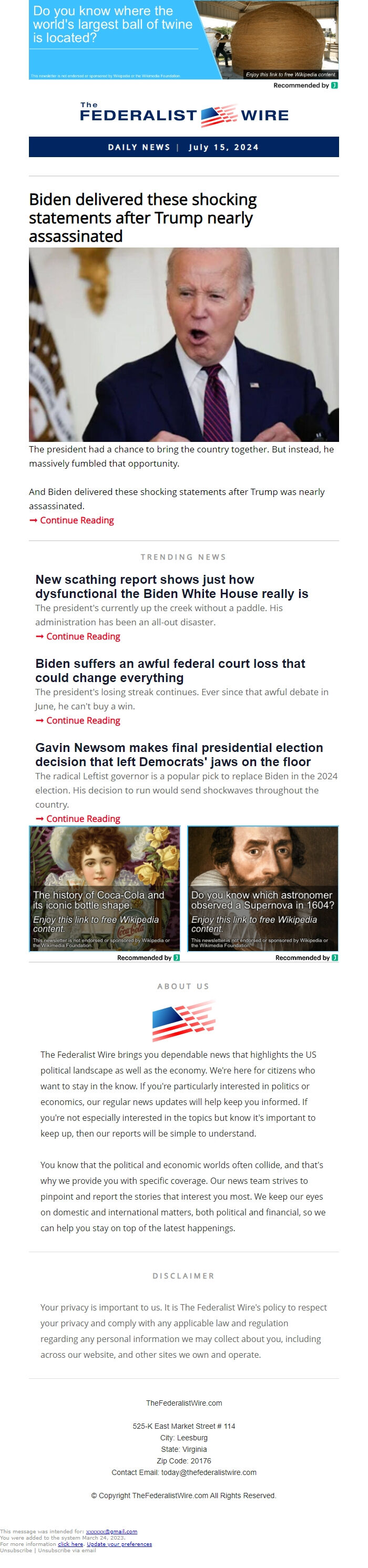 Screenshot of the email generated on import