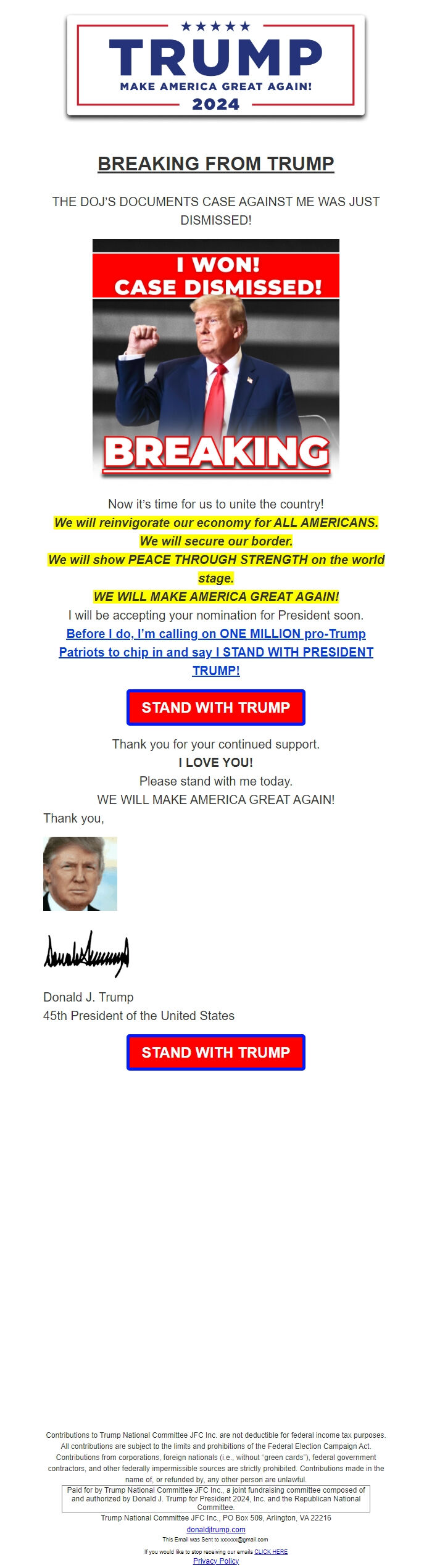 Screenshot of the email generated on import