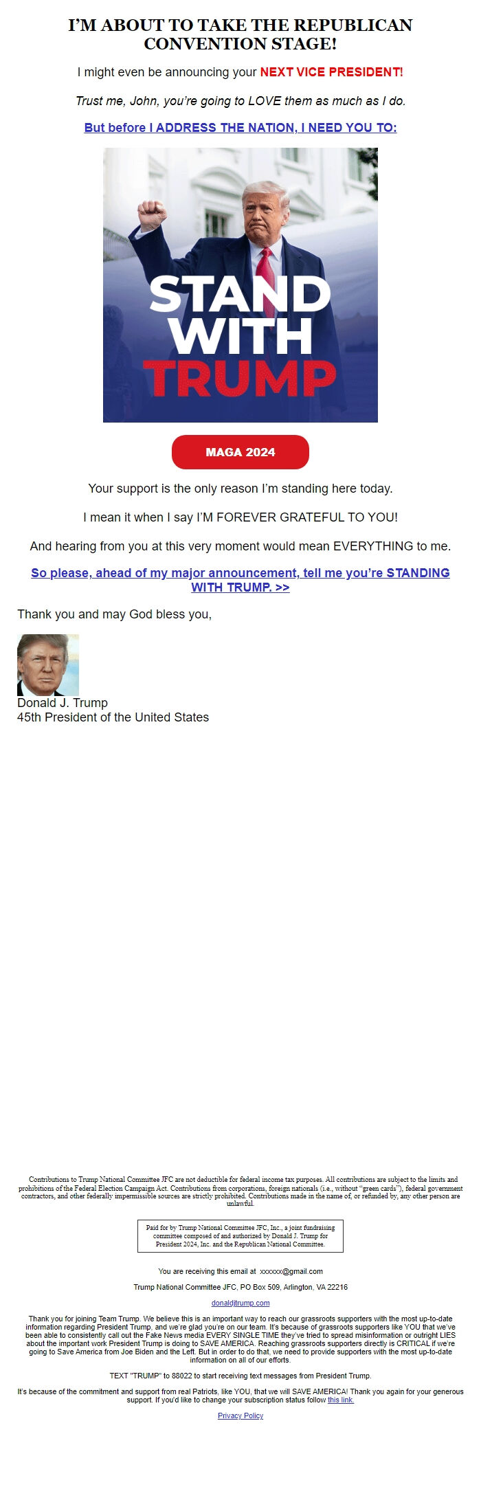 Screenshot of the email generated on import