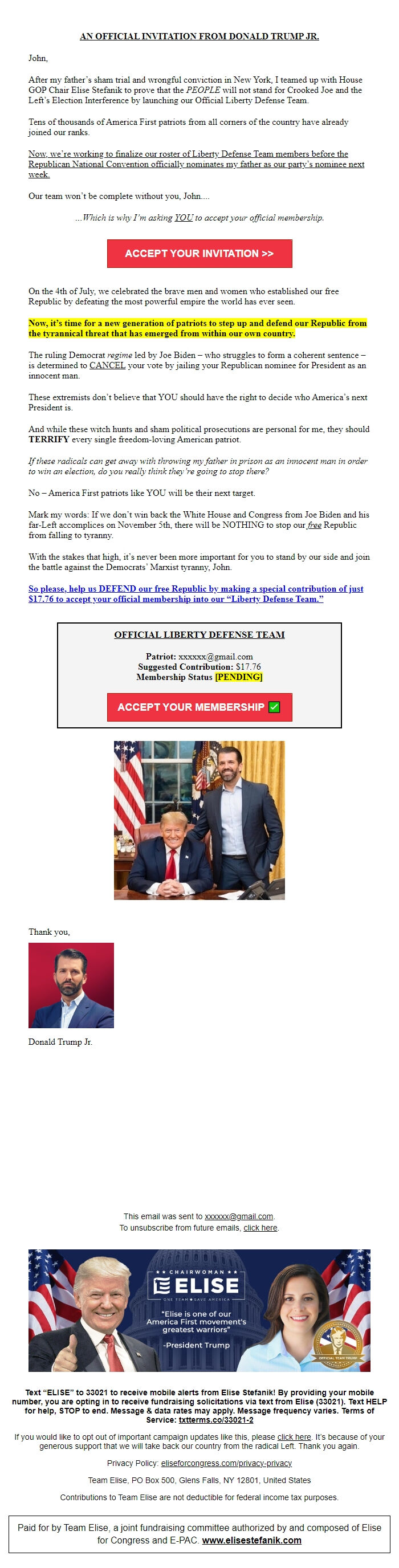 Screenshot of the email generated on import