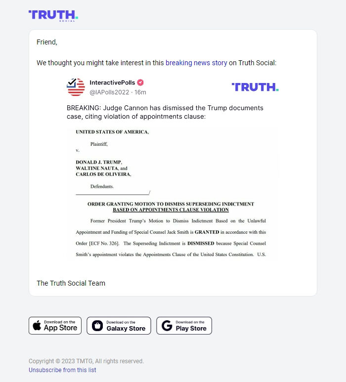 Screenshot of the email generated on import