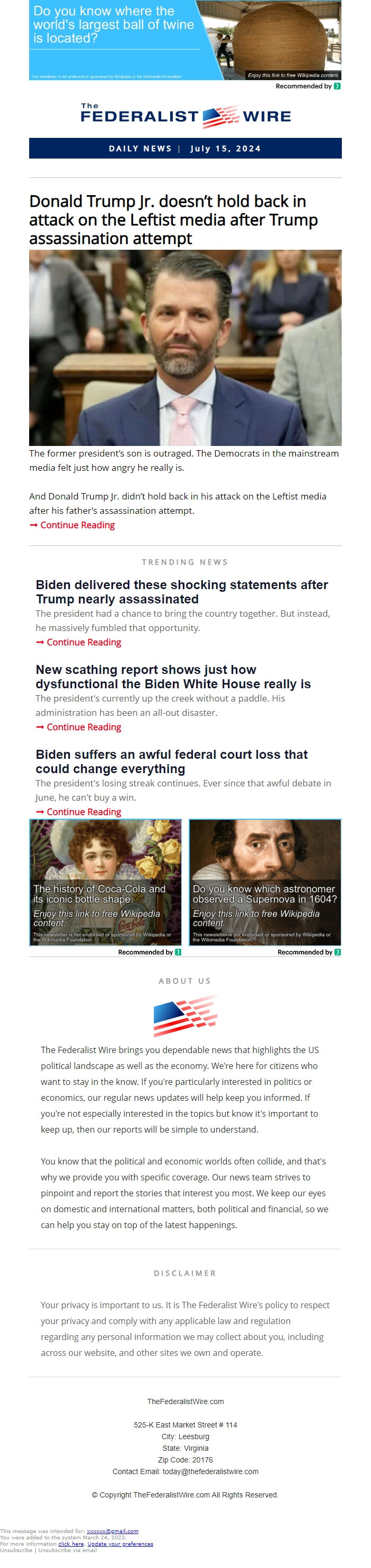 Screenshot of the email generated on import