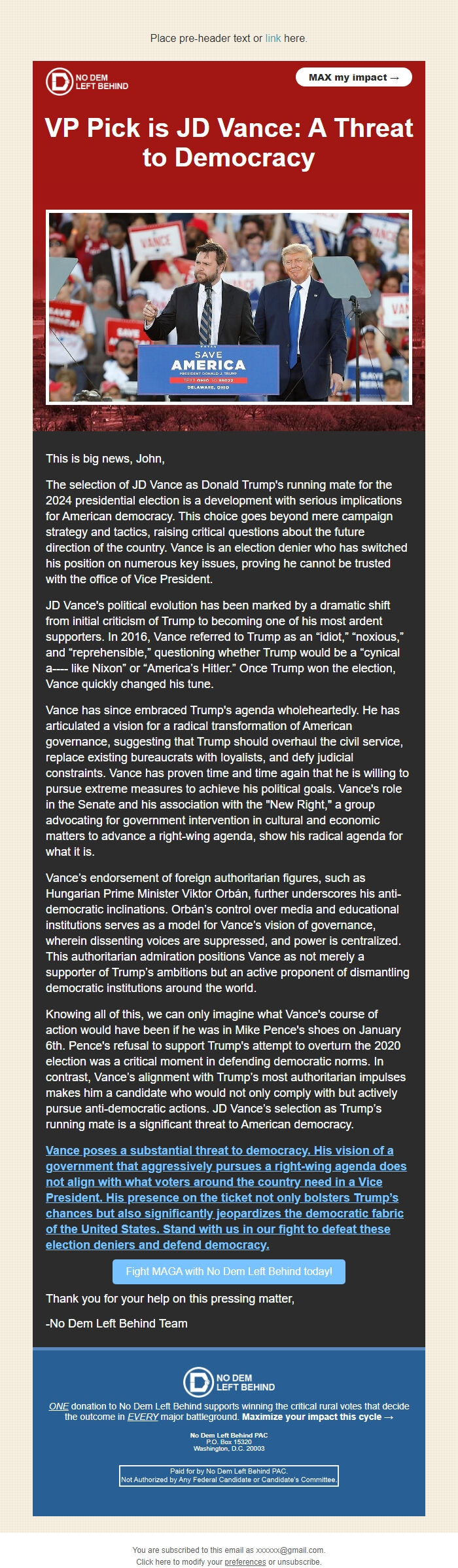 Screenshot of the email generated on import