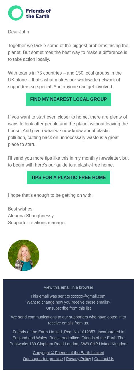 Screenshot of the email generated on import