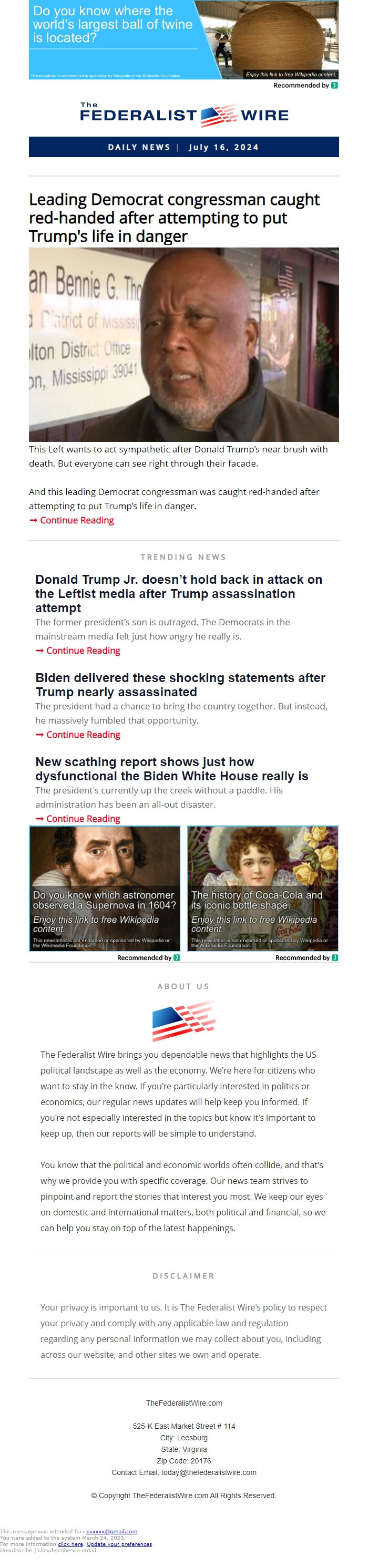 Screenshot of the email generated on import