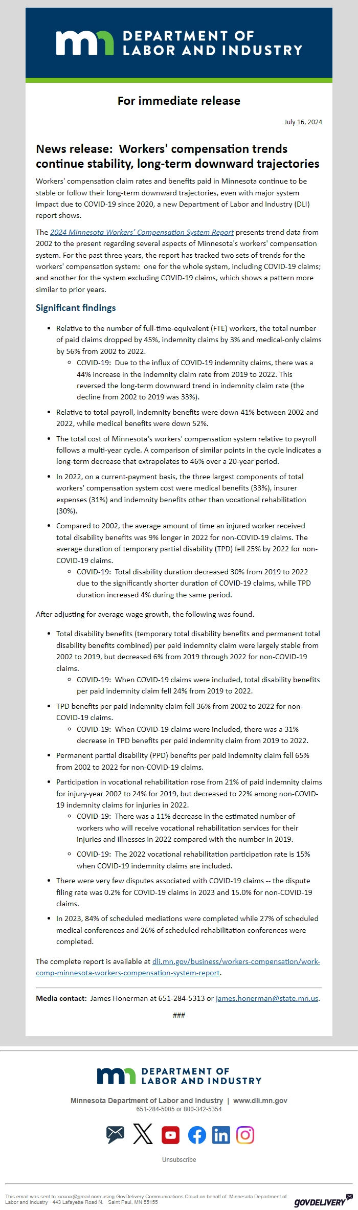 Screenshot of the email generated on import