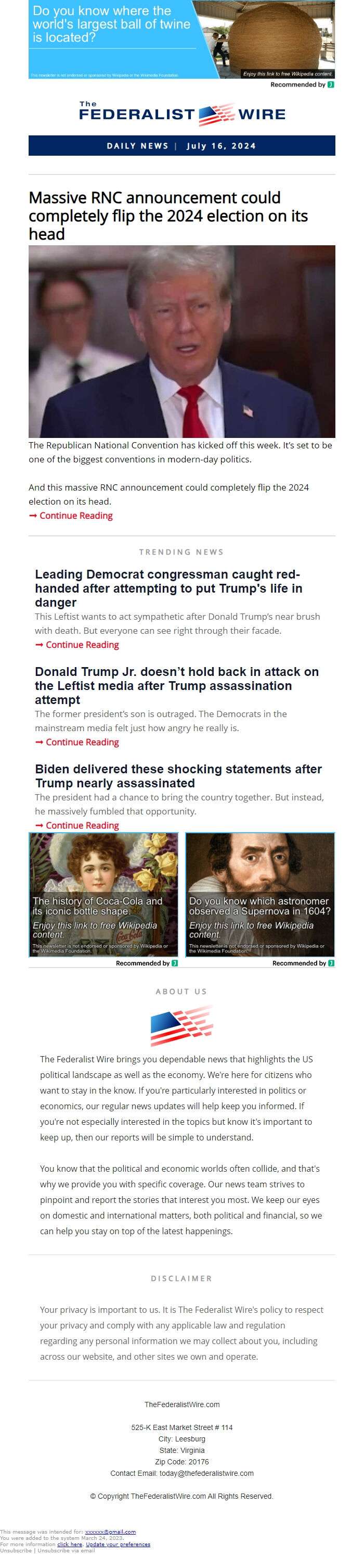 Screenshot of the email generated on import