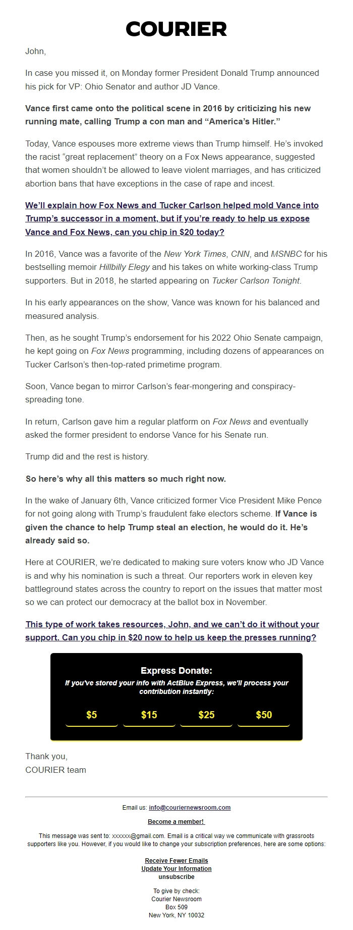 Screenshot of the email generated on import