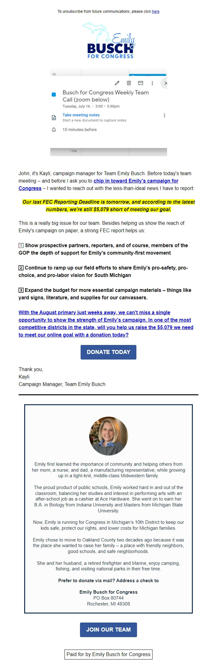 Screenshot of the email generated on import