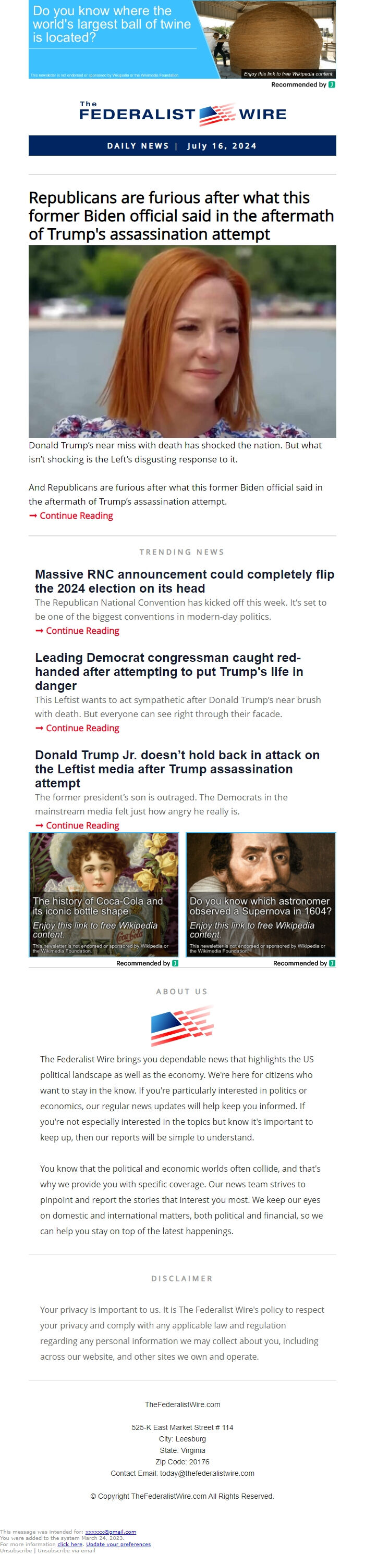 Screenshot of the email generated on import