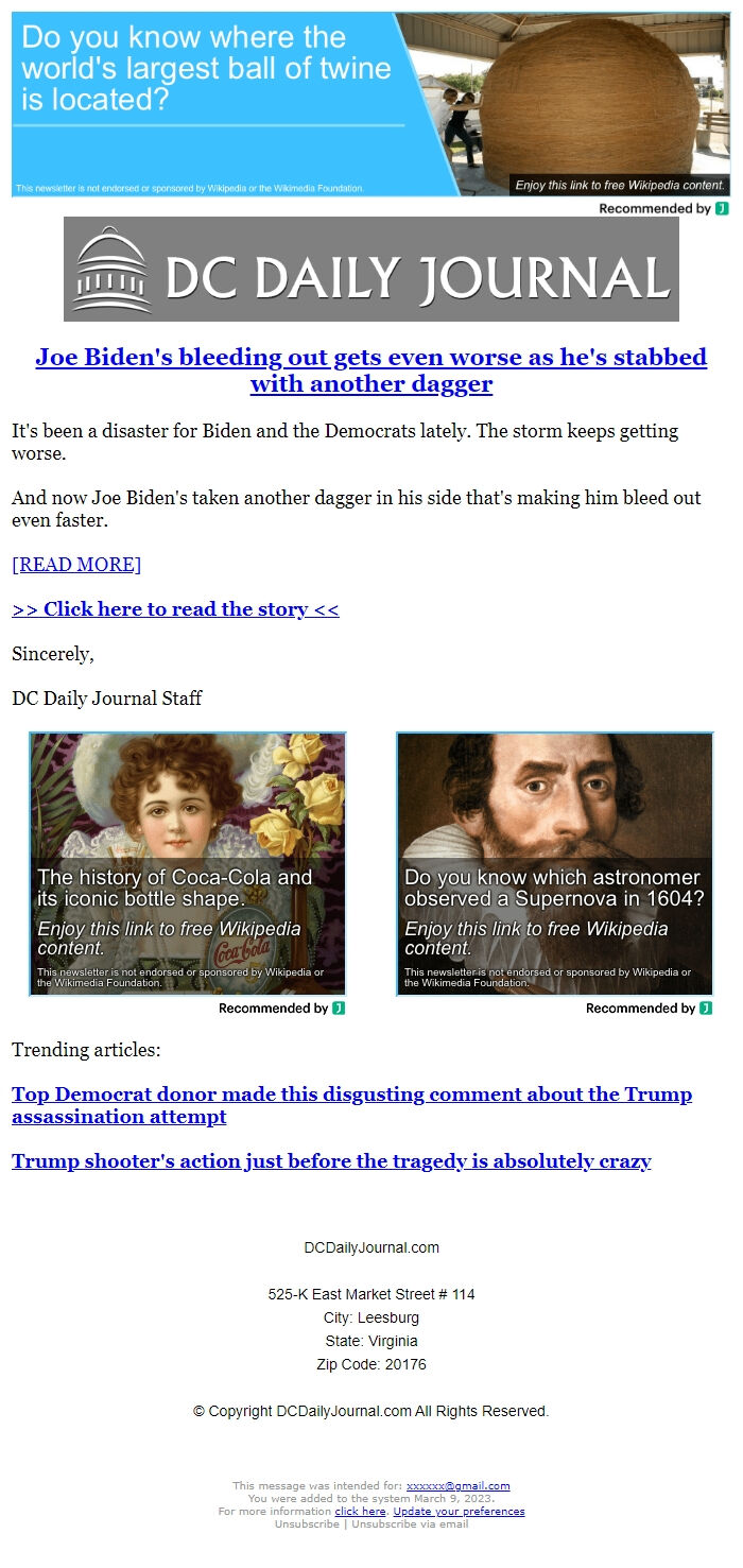 Screenshot of the email generated on import