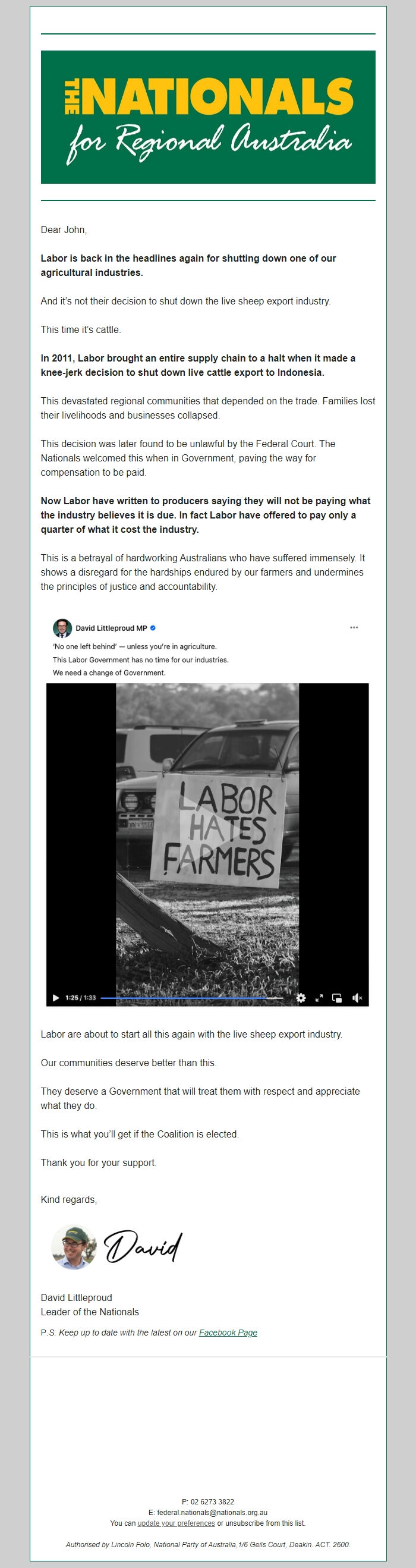 Screenshot of the email generated on import