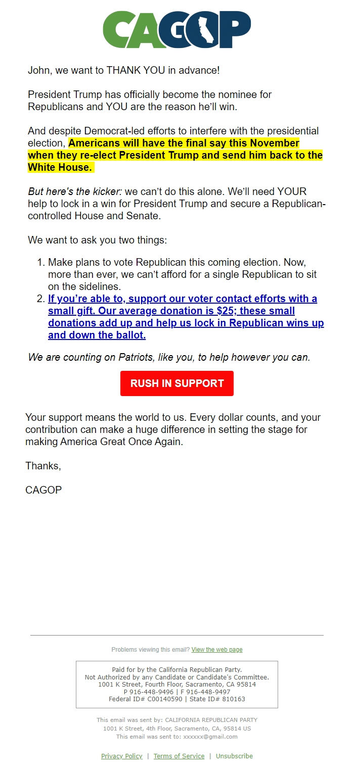 Screenshot of the email generated on import