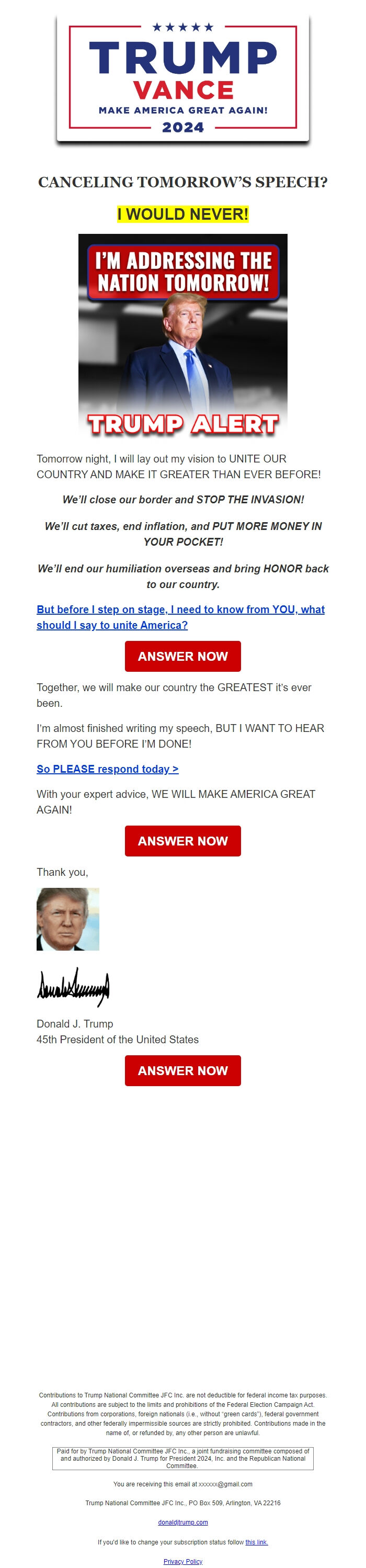 Screenshot of the email generated on import