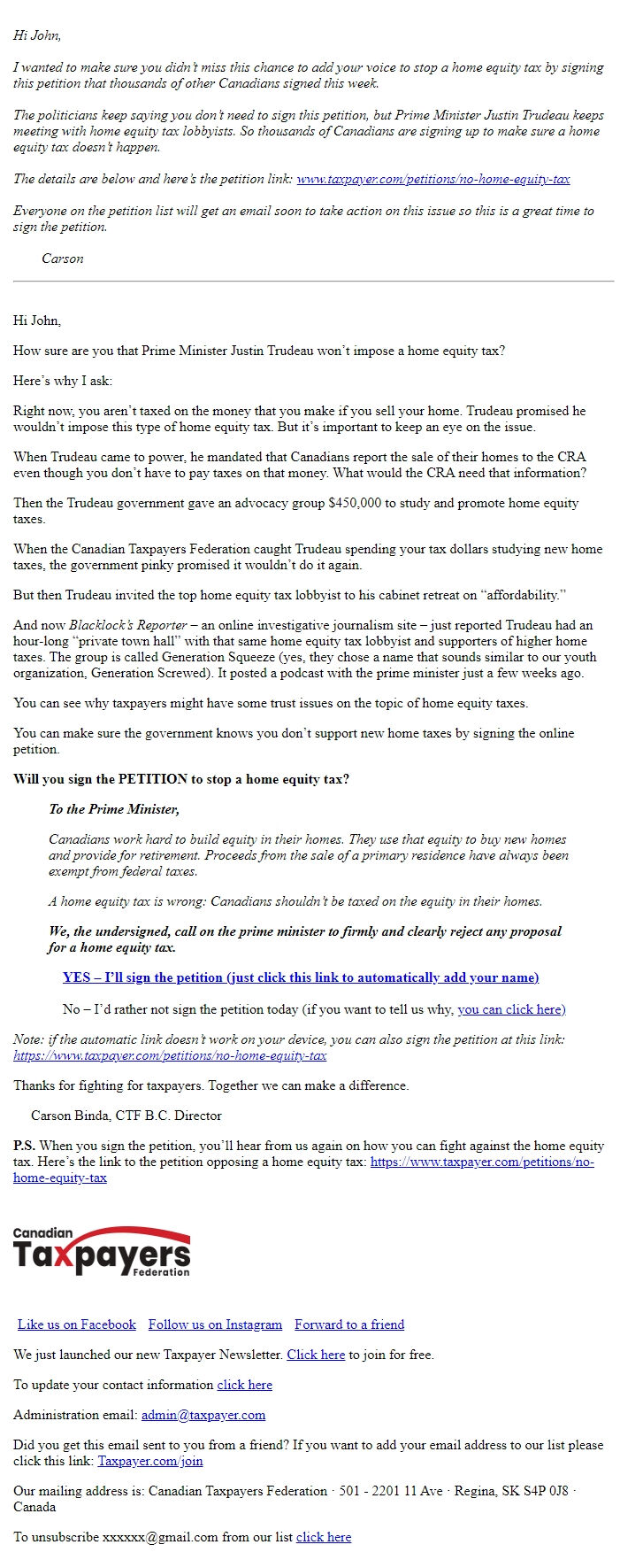 Screenshot of the email generated on import