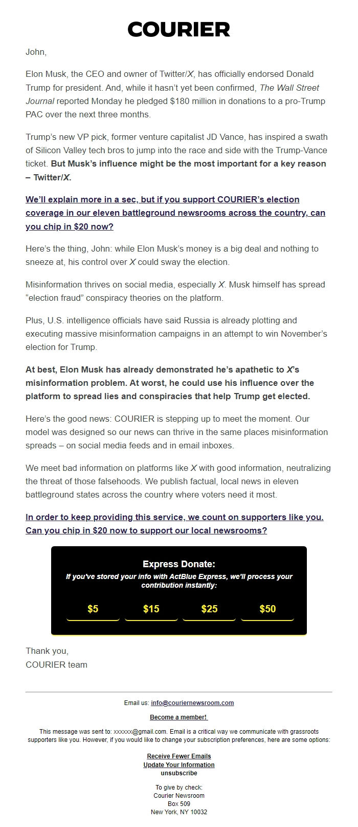 Screenshot of the email generated on import