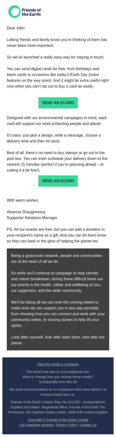 Screenshot of the email generated on import