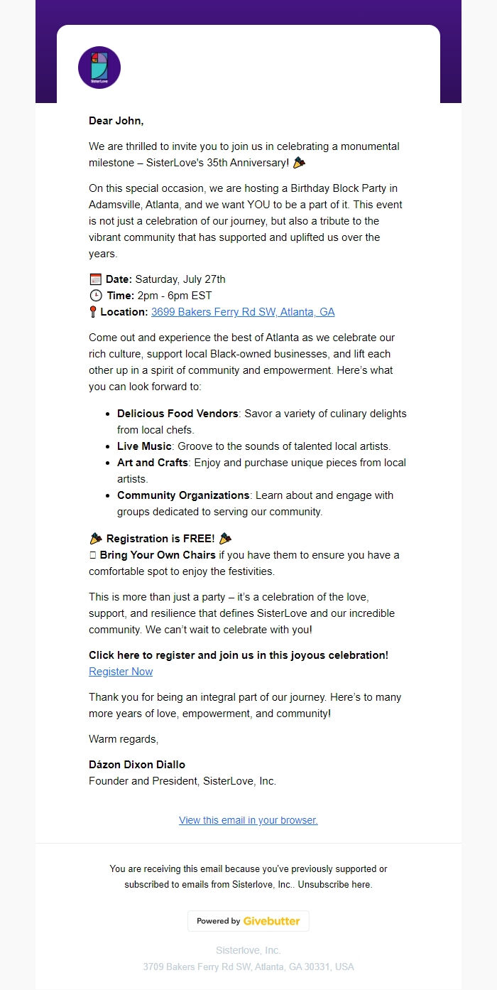 Screenshot of the email generated on import