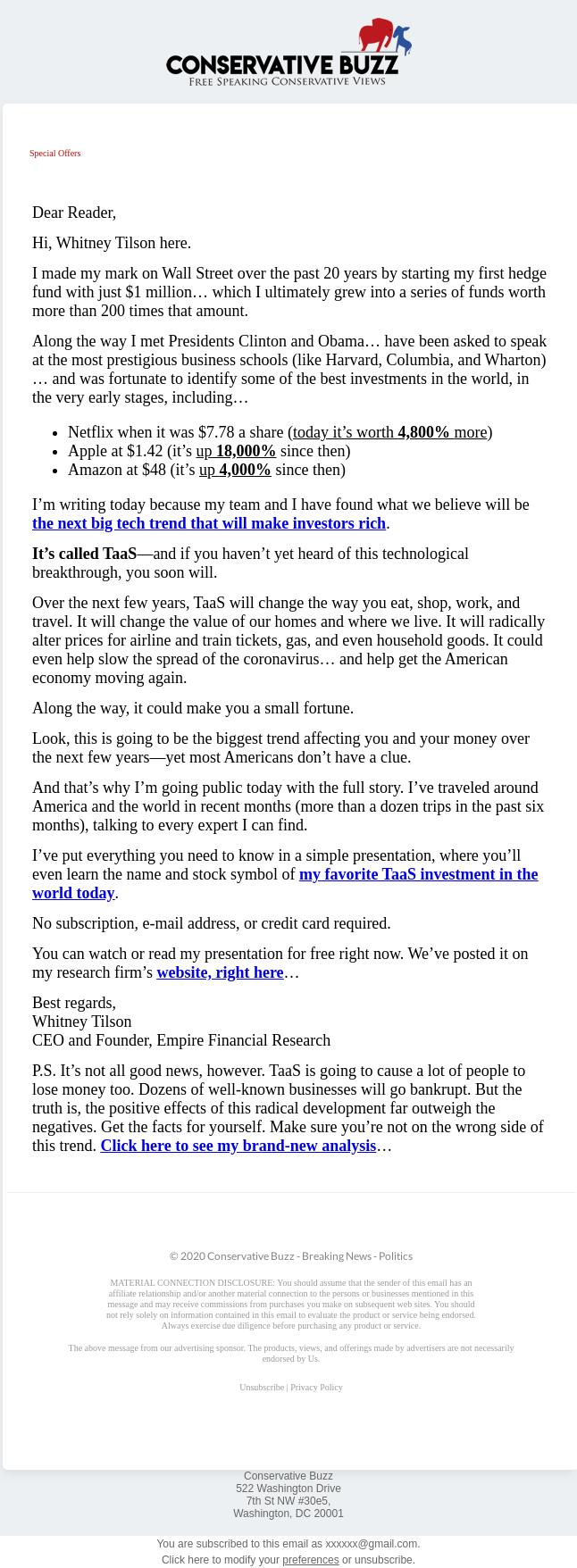 Screenshot of the email generated on import