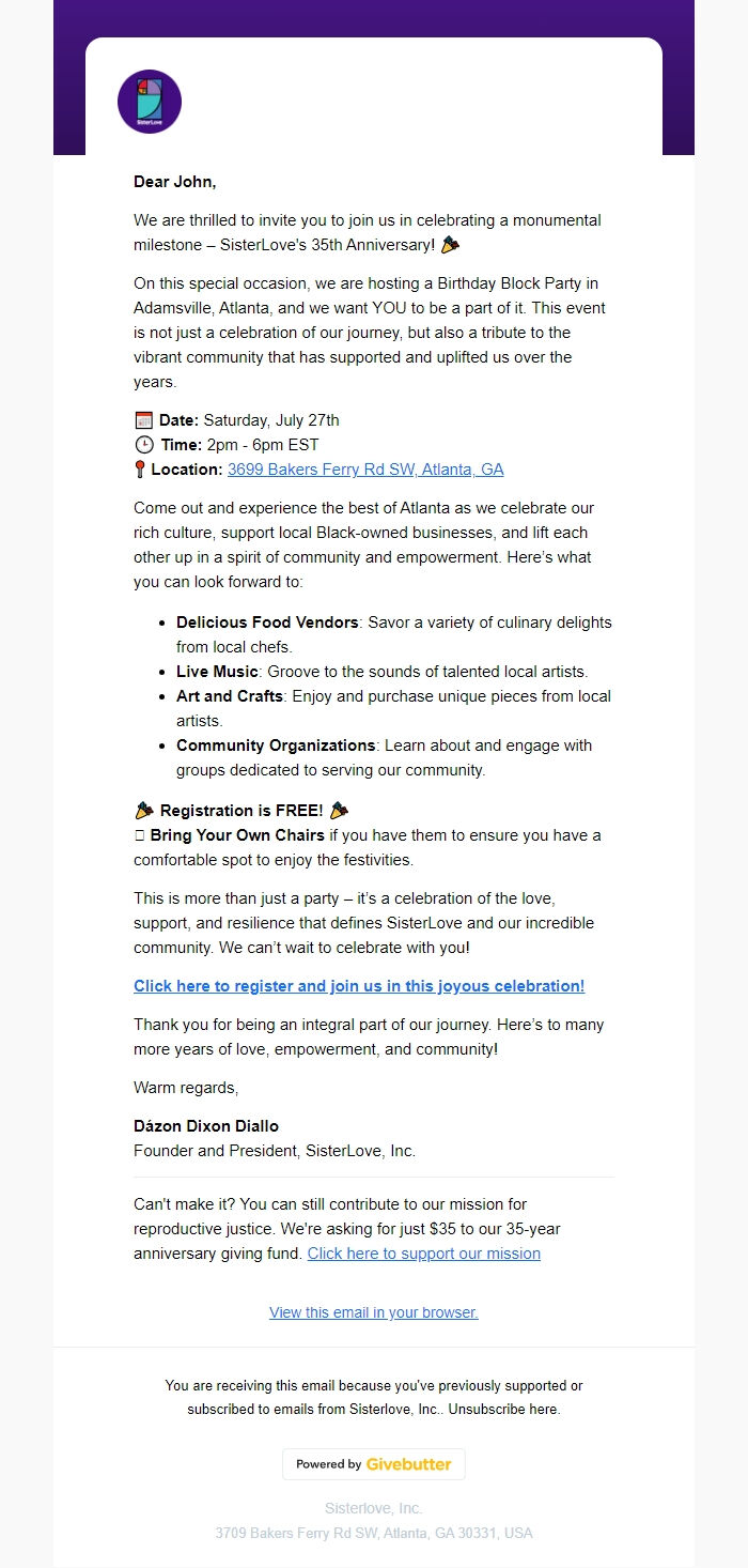 Screenshot of the email generated on import