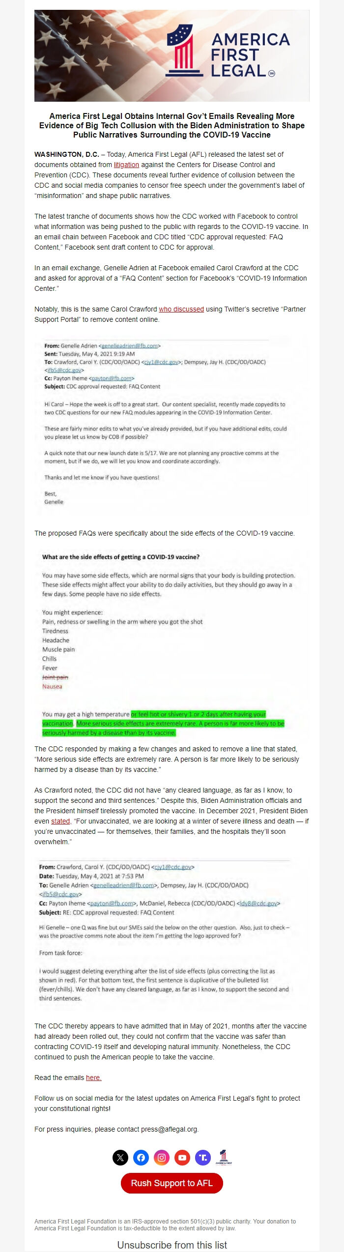 Screenshot of the email generated on import