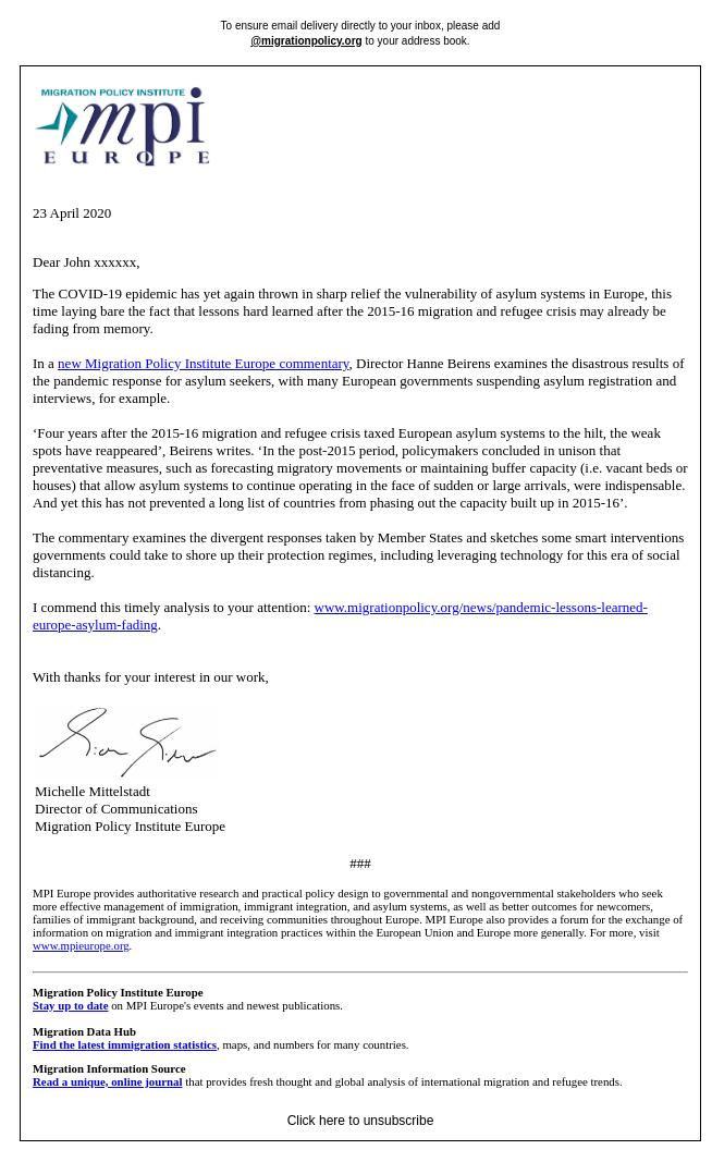 Screenshot of the email generated on import