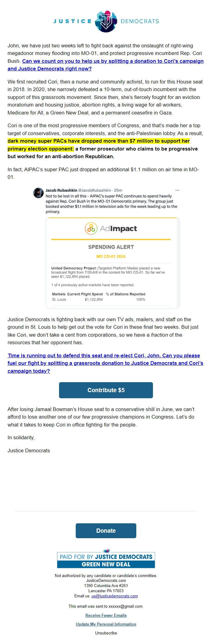 Screenshot of the email generated on import