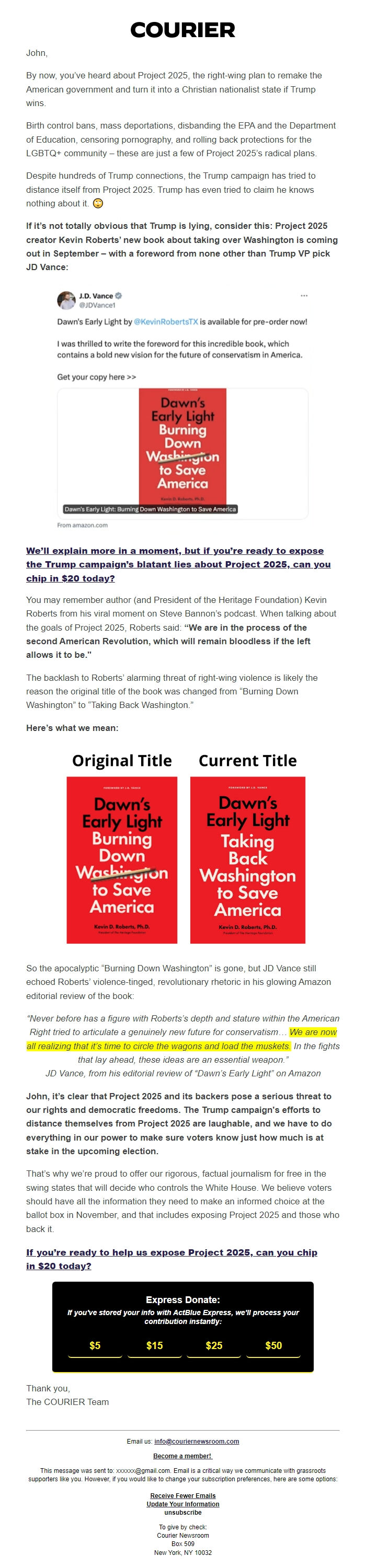 Screenshot of the email generated on import