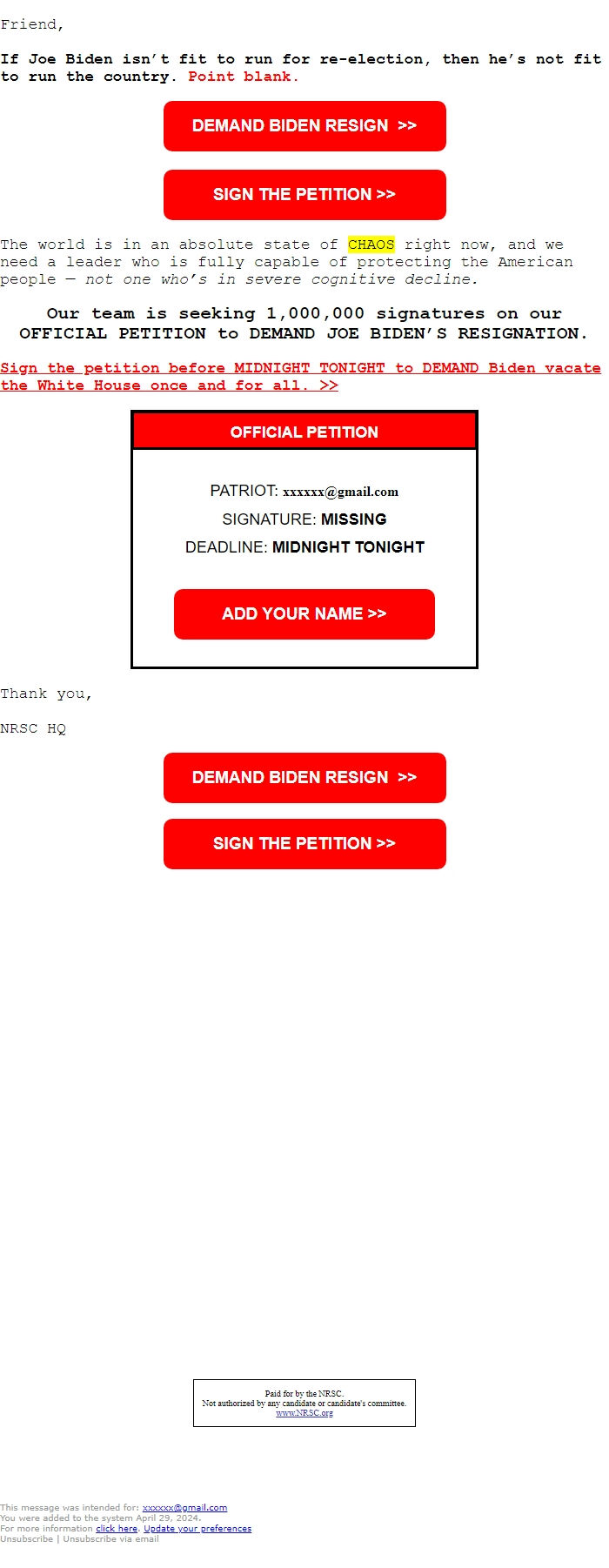 Screenshot of the email generated on import