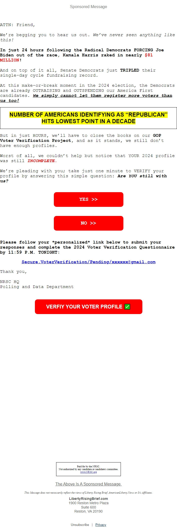 Screenshot of the email generated on import