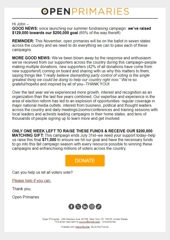 Screenshot of the email generated on import